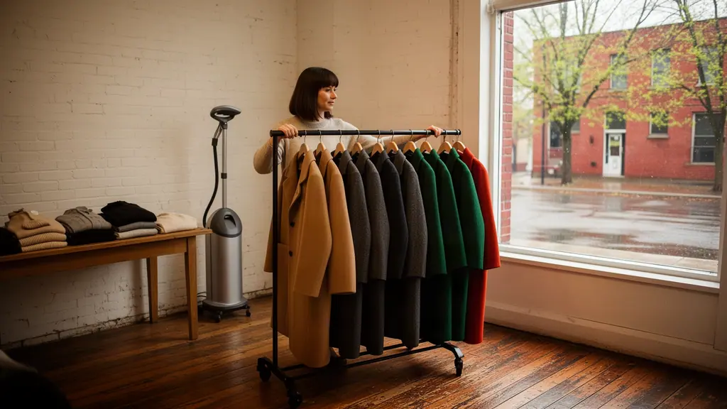 A woman with a shoulder-length dark-brown bob with bangs who owns a small downtown clothing boutique at work.